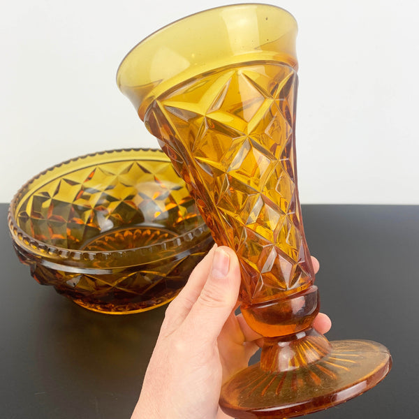 Crown Glass art deco amber glass vase & salad bowl set