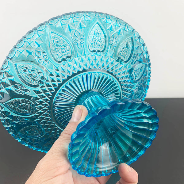 Aqua blue glass dessert stands with intricate heart pattern - Set of 2