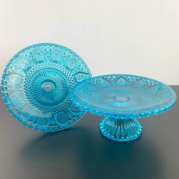 Aqua blue glass dessert stands with intricate heart pattern - Set of 2