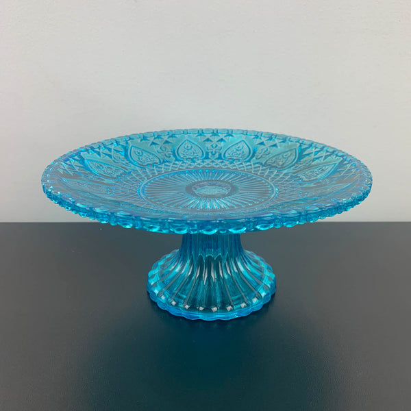 Aqua blue glass dessert stands with intricate heart pattern - Set of 2