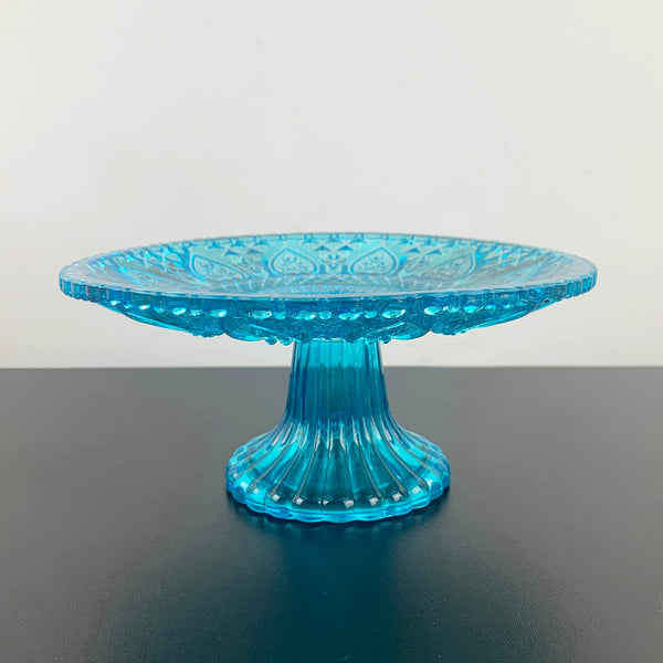 Aqua blue glass dessert stands with intricate heart pattern - Set of 2