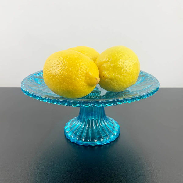 Aqua blue glass dessert stands with intricate heart pattern - Set of 2