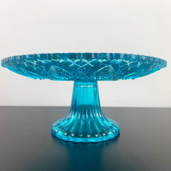 Aqua blue glass dessert stands with intricate heart pattern - Set of 2