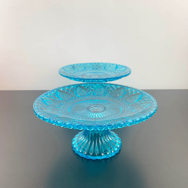Aqua blue glass dessert stands with intricate heart pattern - Set of 2