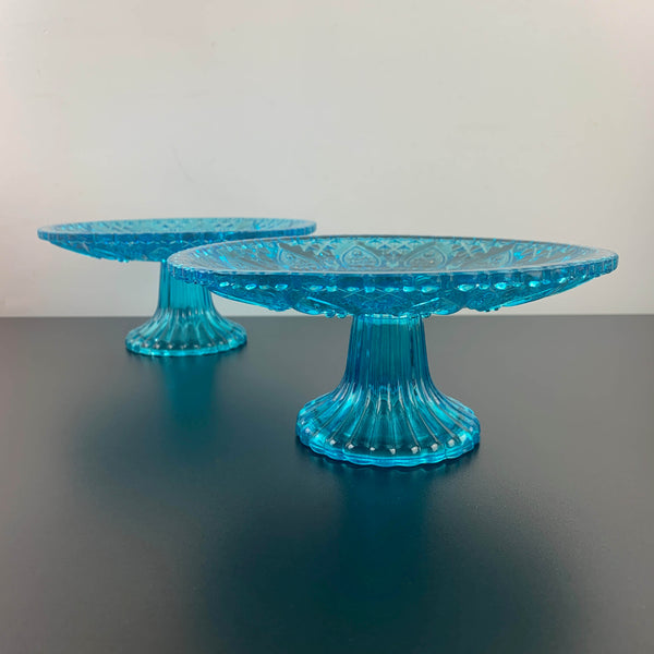 Aqua blue glass dessert stands with intricate heart pattern - Set of 2