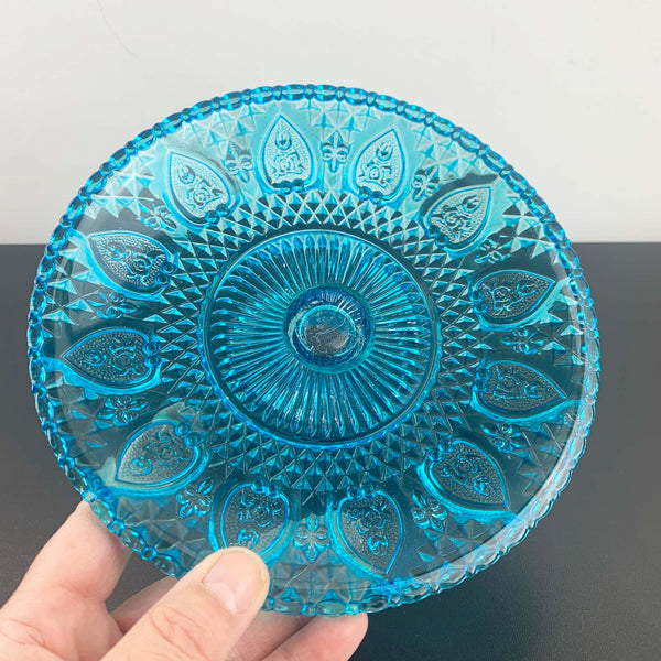 Aqua blue glass dessert stands with intricate heart pattern - Set of 2