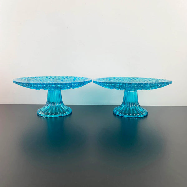 Aqua blue glass dessert stands with intricate heart pattern - Set of 2