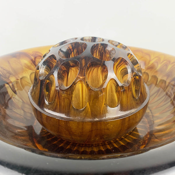Davidson Glass art deco amber cloud glass float bowl with flower frog
