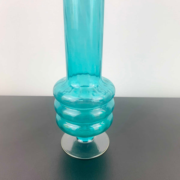 Mid Century Teal 3 Ring Stemmed Glass Vase