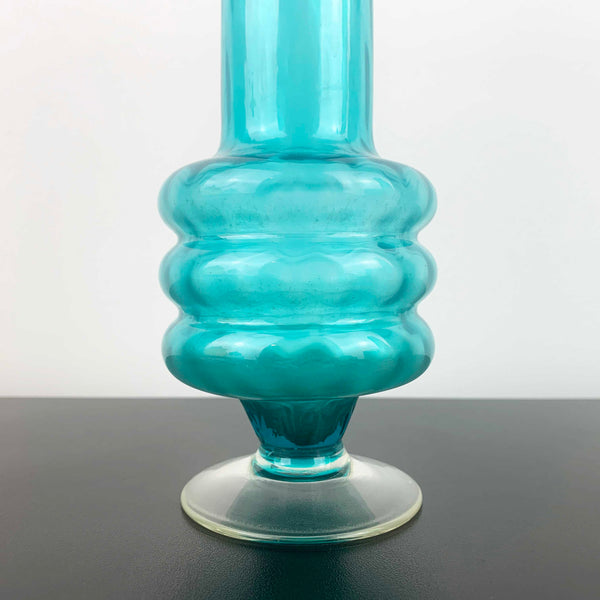 Mid Century Teal 3 Ring Stemmed Glass Vase