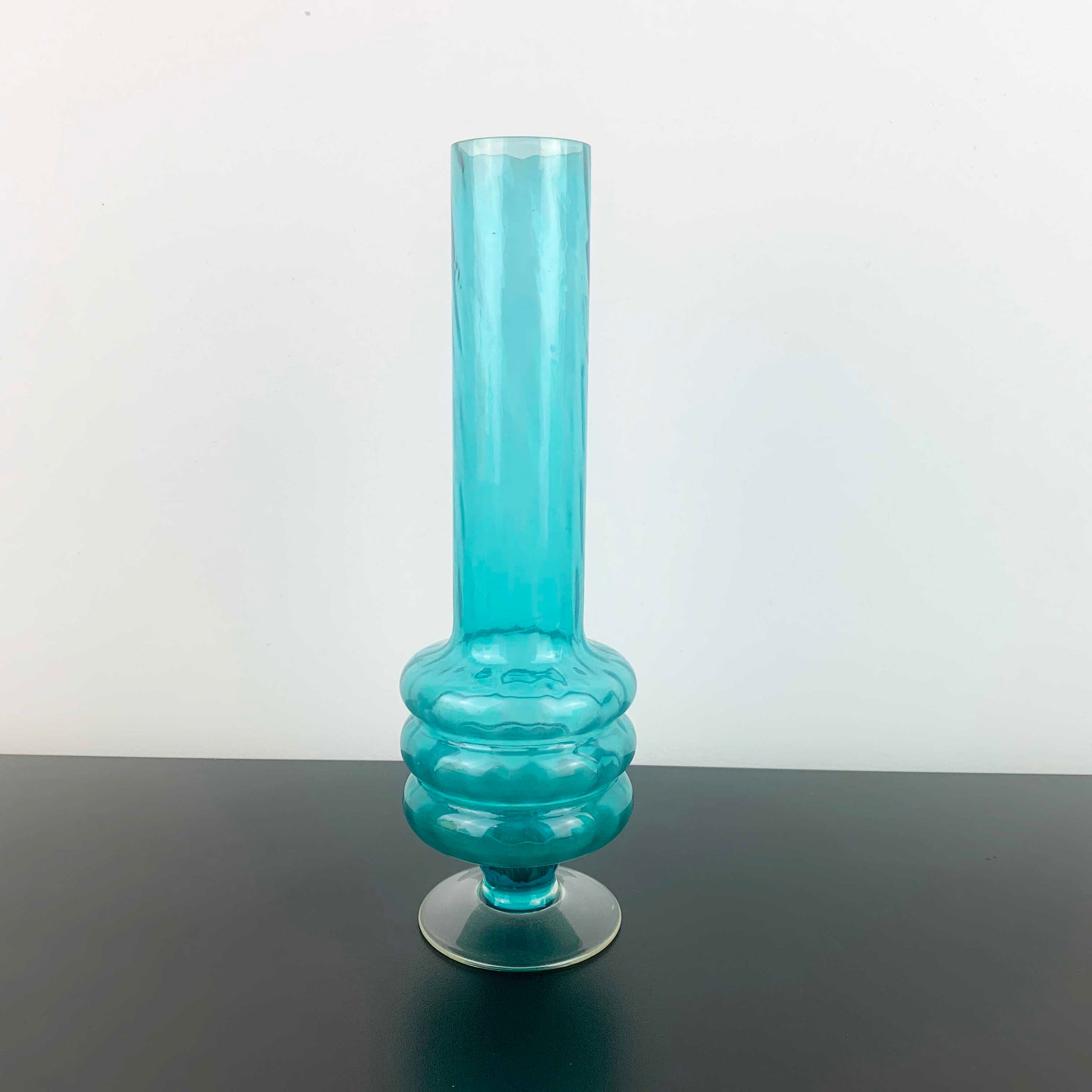 Mid Century Teal 3 Ring Stemmed Glass Vase
