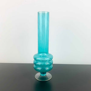 Mid Century Teal 3 Ring Stemmed Glass Vase