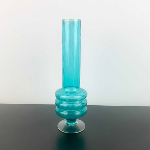 Mid Century Teal 3 Ring Stemmed Glass Vase