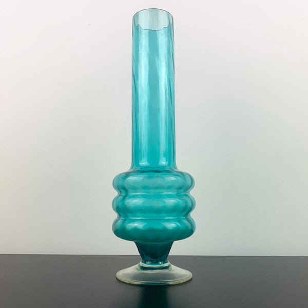 Mid Century Teal 3 Ring Stemmed Glass Vase