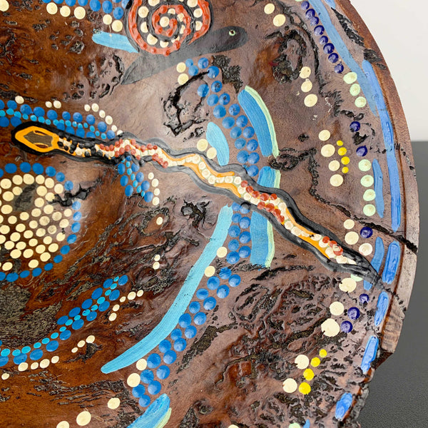 Australia Aboriginal art hand painted Eucalypt wood pedestal bowl