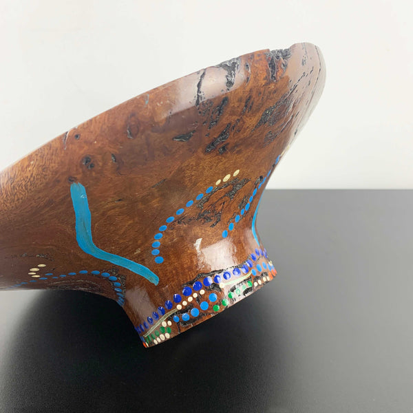 Australia Aboriginal art hand painted Eucalypt wood pedestal bowl