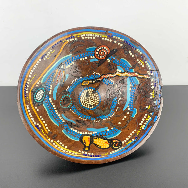 Australia Aboriginal art hand painted Eucalypt wood pedestal bowl