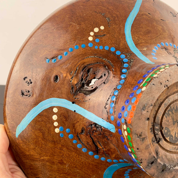 Australia Aboriginal art hand painted Eucalypt wood pedestal bowl