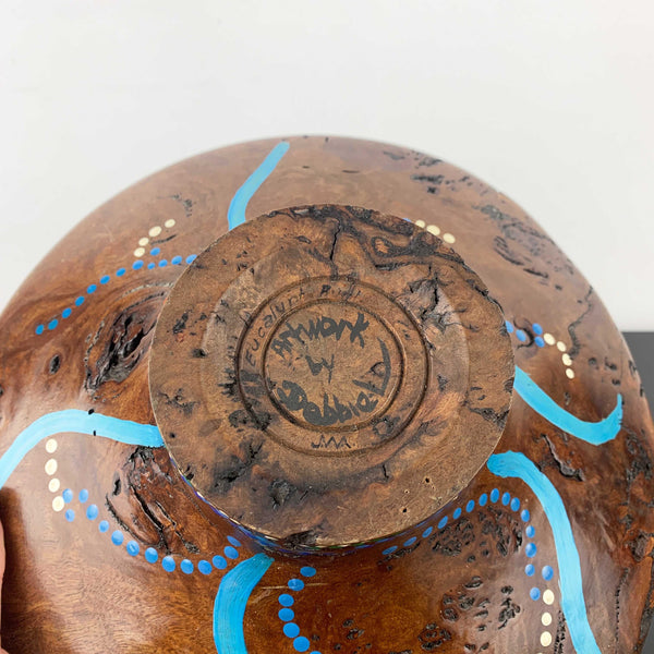 Australia Aboriginal art hand painted Eucalypt wood pedestal bowl