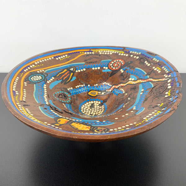 Australia Aboriginal art hand painted Eucalypt wood pedestal bowl