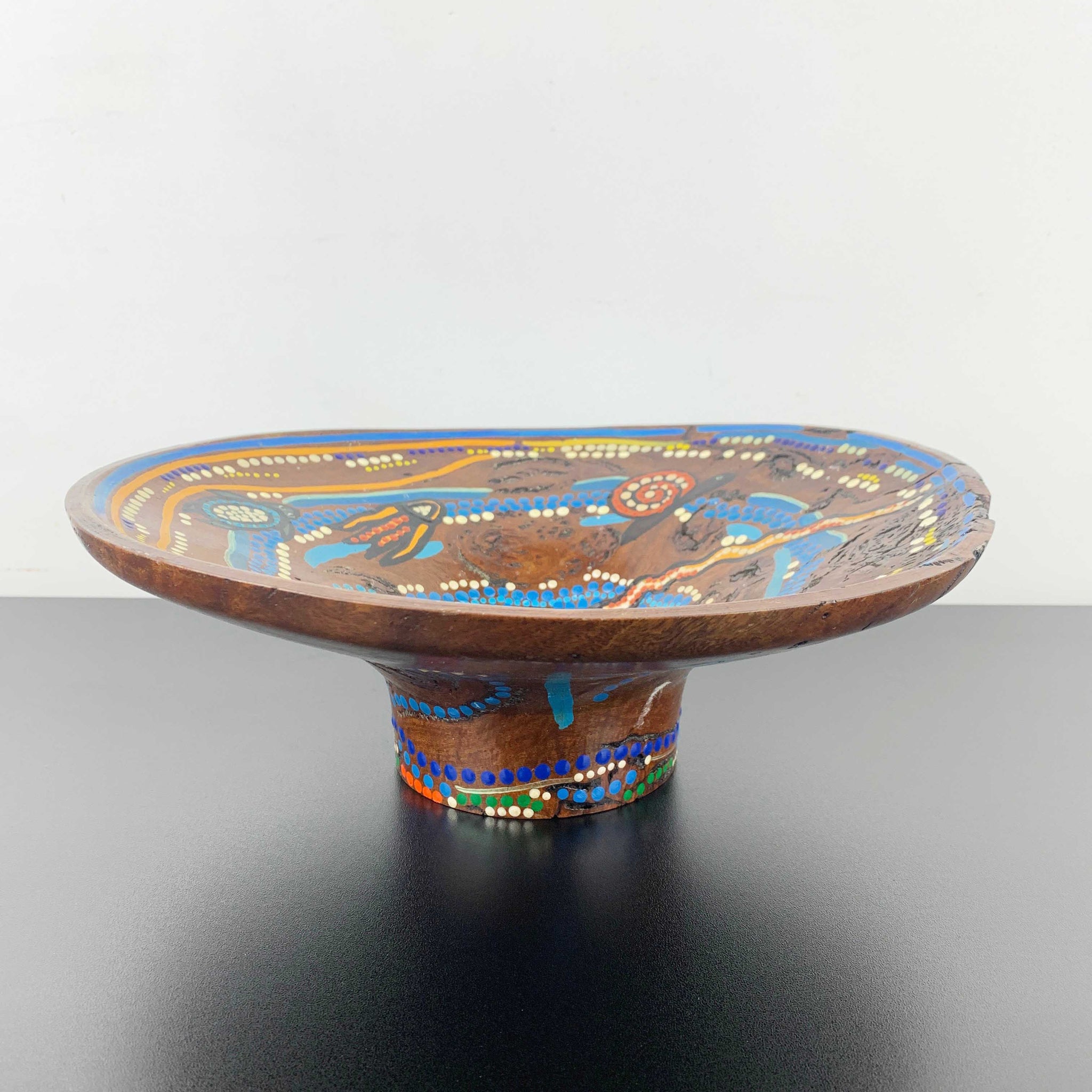 Australia Aboriginal art hand painted Eucalypt wood pedestal bowl