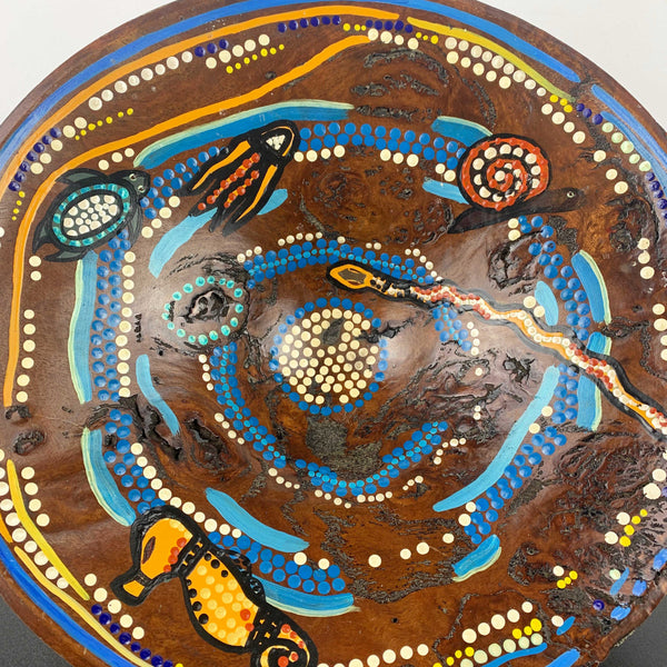 Australia Aboriginal art hand painted Eucalypt wood pedestal bowl