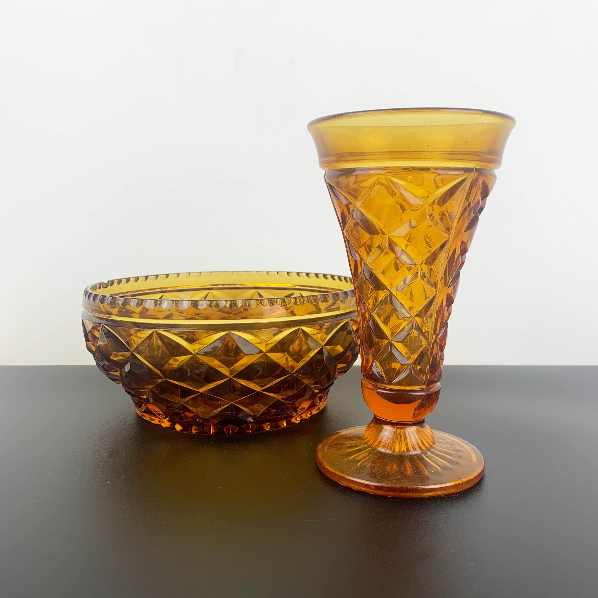 Crown Glass art deco amber glass vase & salad bowl set
