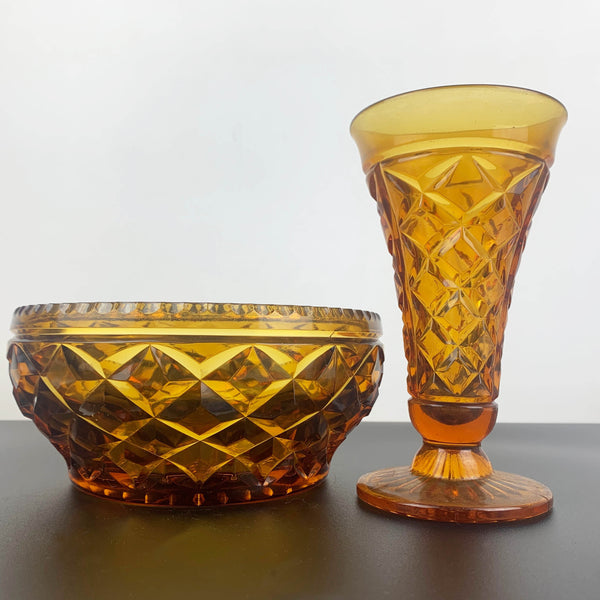 Crown Glass art deco amber glass vase & salad bowl set