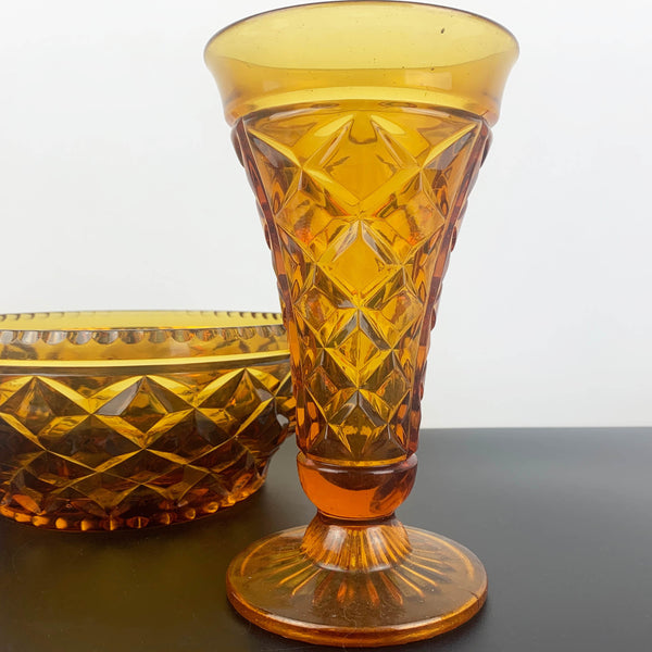 Crown Glass art deco amber glass vase & salad bowl set
