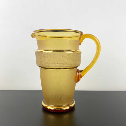 Mid century amber frosted glass jug with sugar frosted band and gold trim