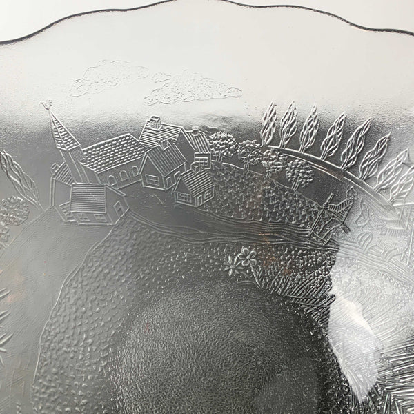 Arcoroc France Rare Glass Serving Bowl with Embossed Wheat Farmer Village Scene