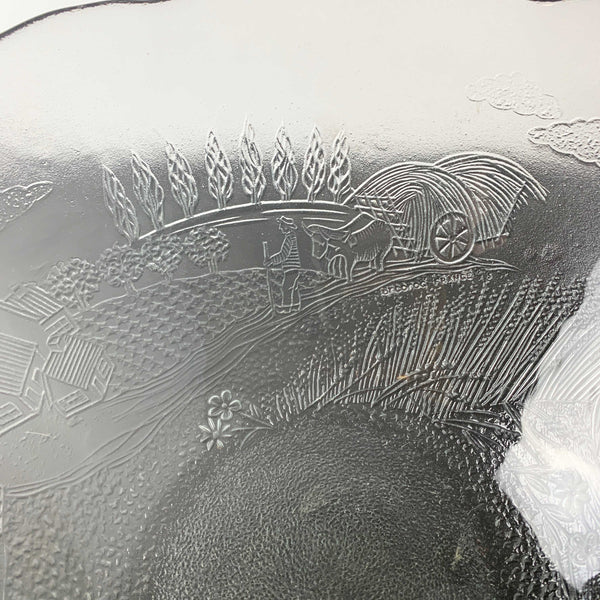 Arcoroc France Rare Glass Serving Bowl with Embossed Wheat Farmer Village Scene