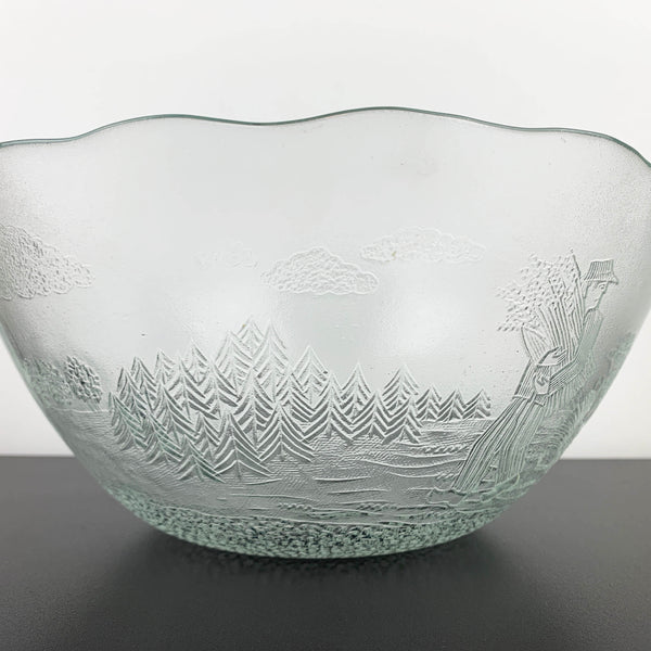Arcoroc France Rare Glass Serving Bowl with Embossed Wheat Farmer Village Scene