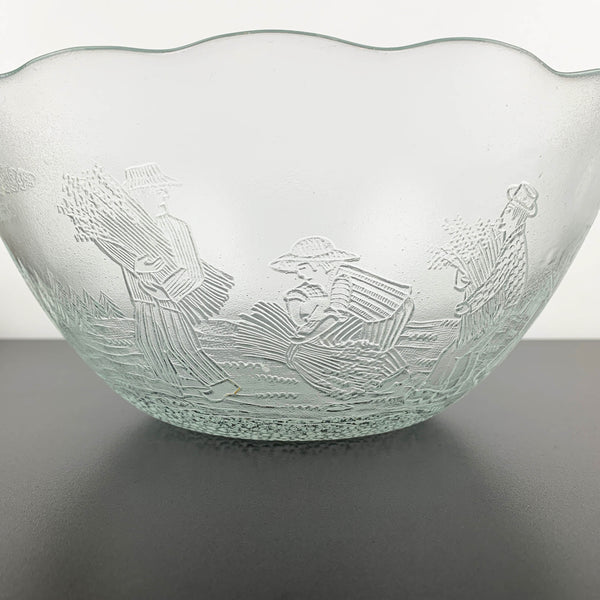 Arcoroc France Rare Glass Serving Bowl with Embossed Wheat Farmer Village Scene