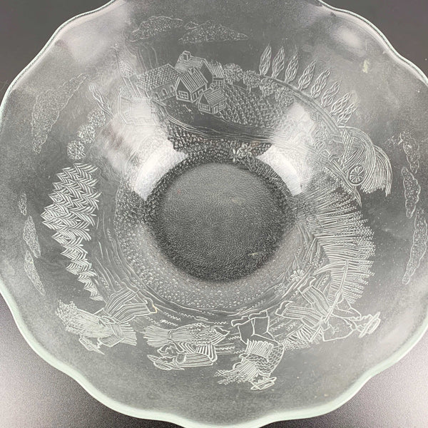 Arcoroc France Rare Glass Serving Bowl with Embossed Wheat Farmer Village Scene