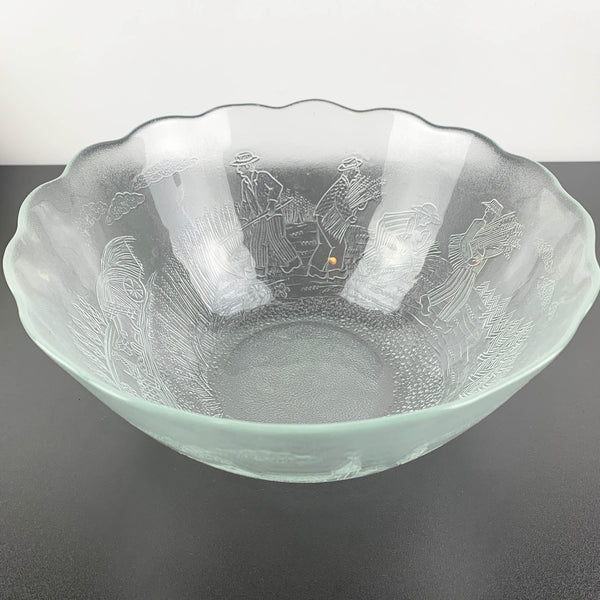 Arcoroc France Rare Glass Serving Bowl with Embossed Wheat Farmer Village Scene