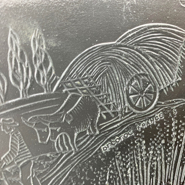 Arcoroc France Rare Glass Serving Bowl with Embossed Wheat Farmer Village Scene