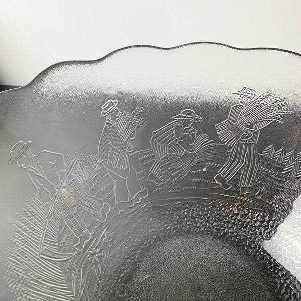 Arcoroc France Rare Glass Serving Bowl with Embossed Wheat Farmer Village Scene