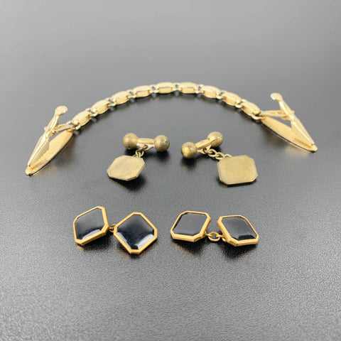 Vintage art deco chain link back cuff links and sweater clip - Set of 3