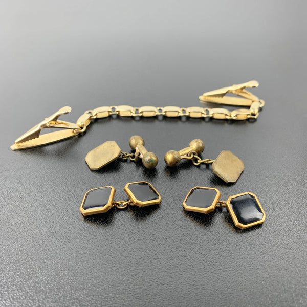 Vintage art deco chain link back cuff links and sweater clip - Set of 3
