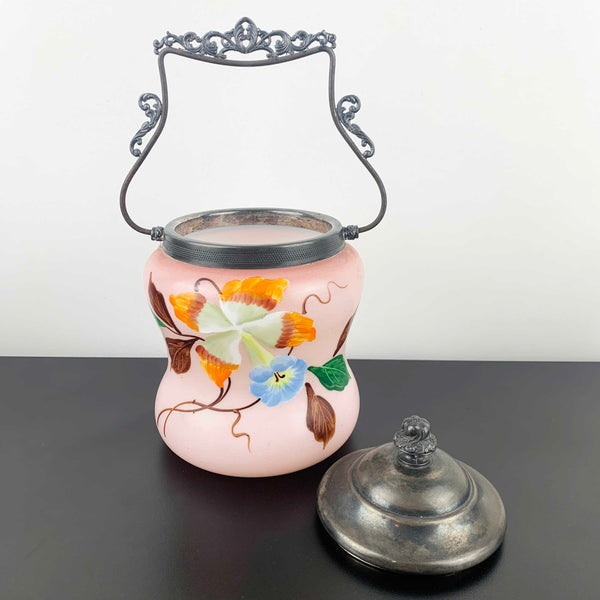 Antique Austrian pink satin glass biscuit barrel