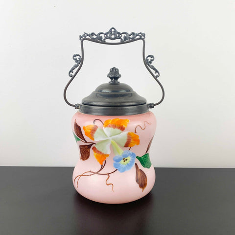 Antique Austrian pink satin glass biscuit barrel