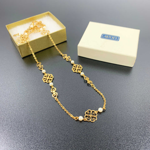 Avon vintage gold filigree and faux pearl necklace