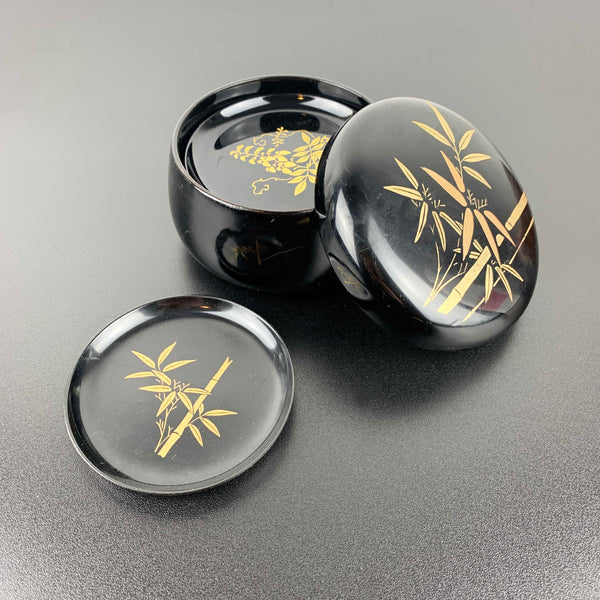 Asian lacquerware style coasters in lidded container - Set of 6