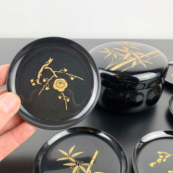 Asian lacquerware style coasters in lidded container - Set of 6