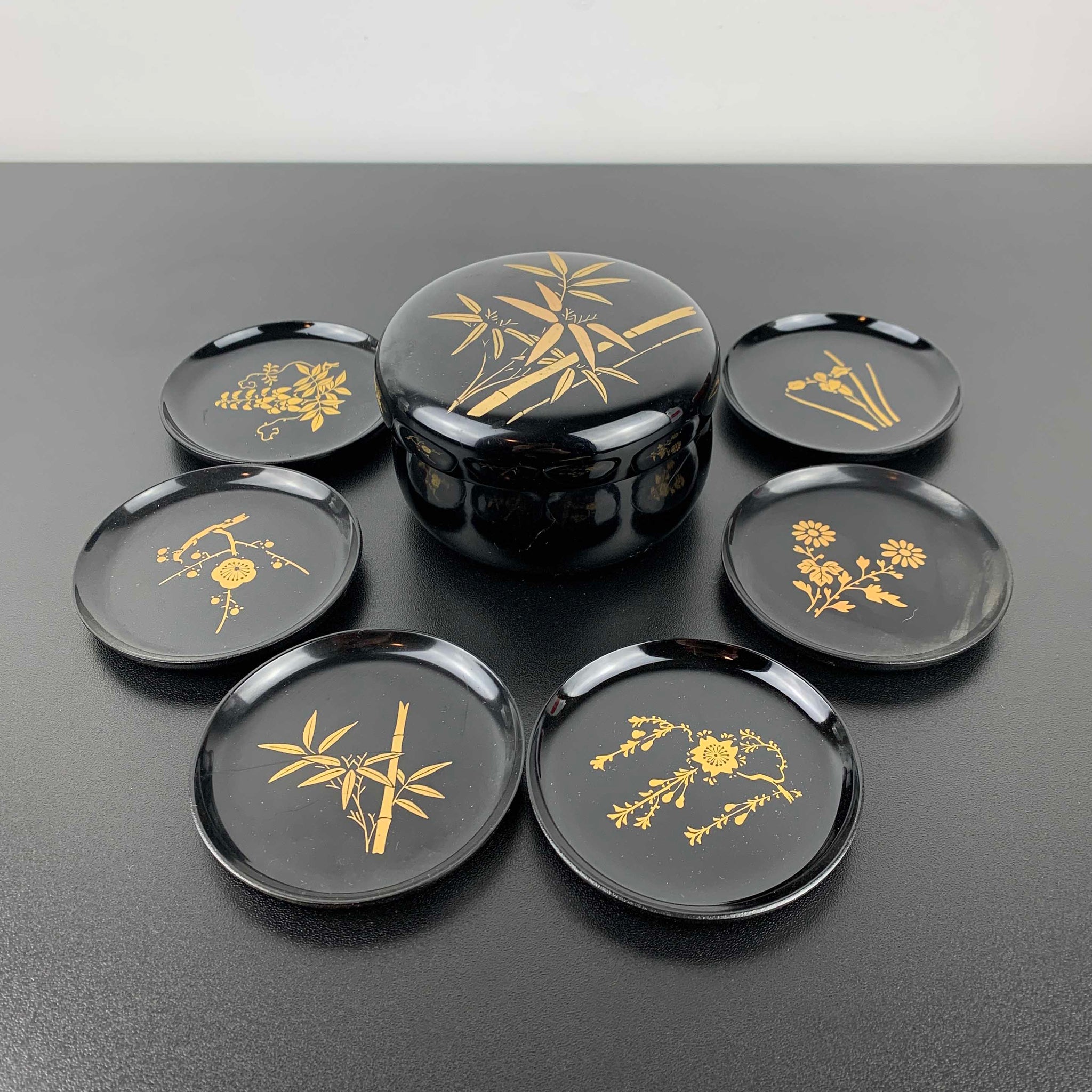 Asian lacquerware style coasters in lidded container - Set of 6