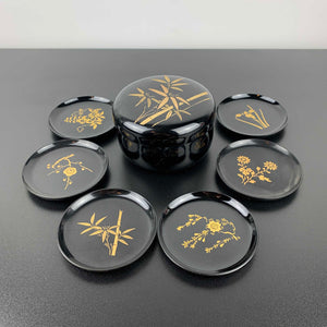 Asian lacquerware style coasters in lidded container - Set of 6