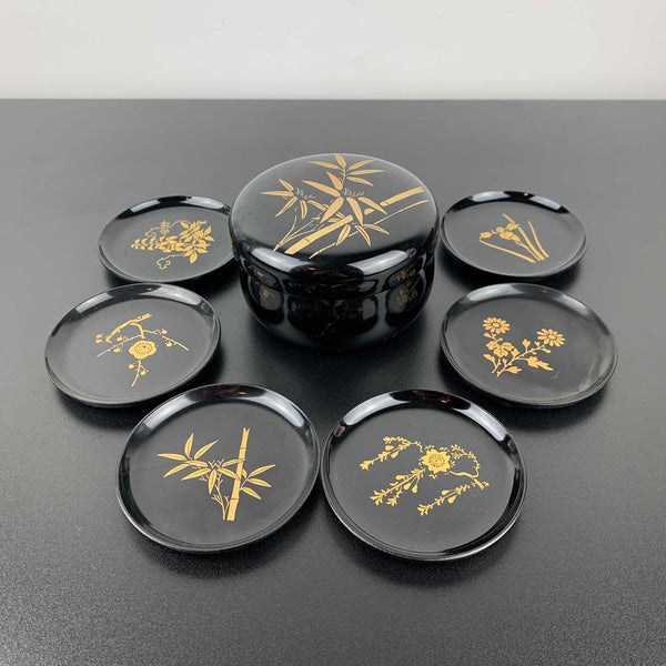 Asian lacquerware style coasters in lidded container - Set of 6