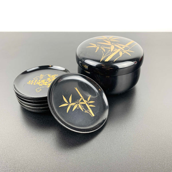 Asian lacquerware style coasters in lidded container - Set of 6