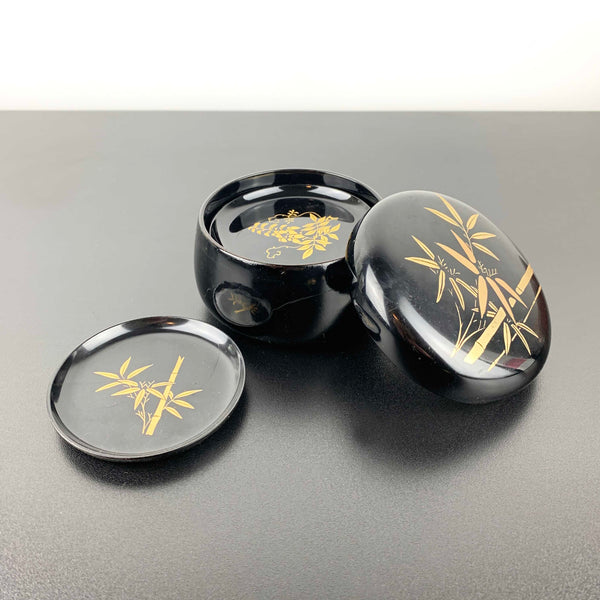 Asian lacquerware style coasters in lidded container - Set of 6